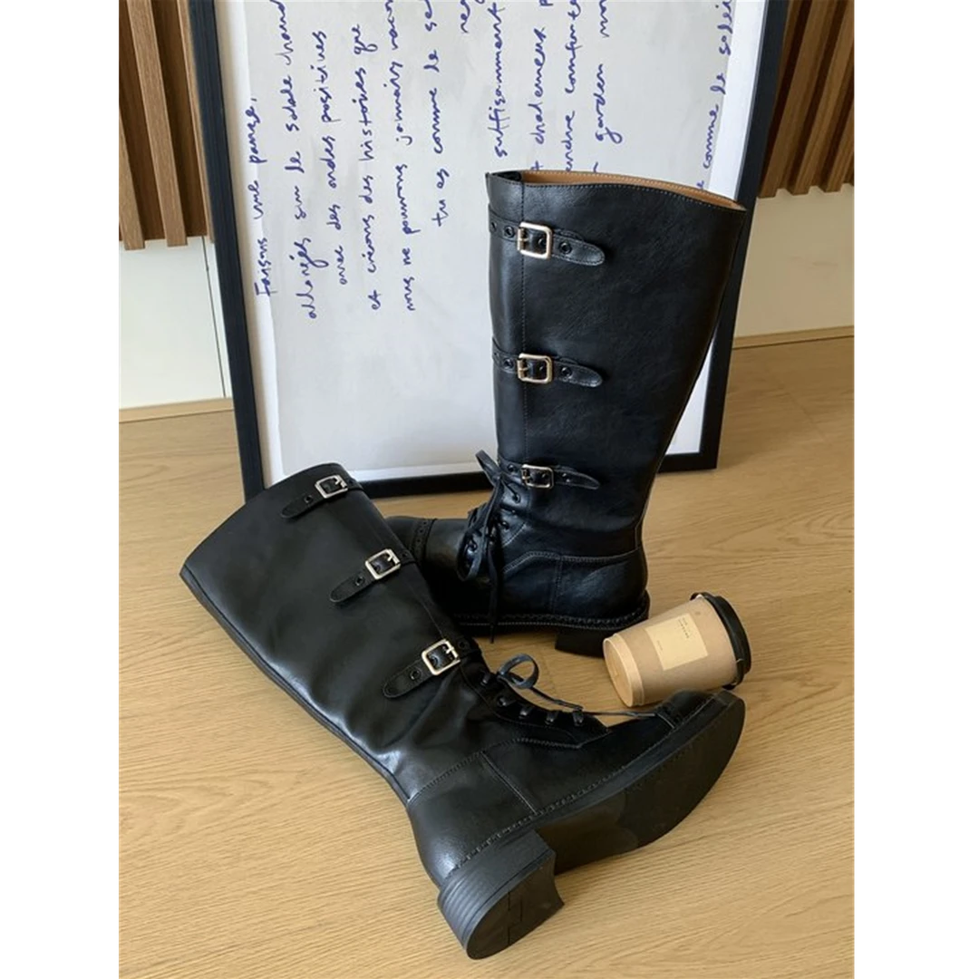 大婉酱微胖定制 复古时装靴加宽骑士靴皮带扣长筒靴不过膝女2132D