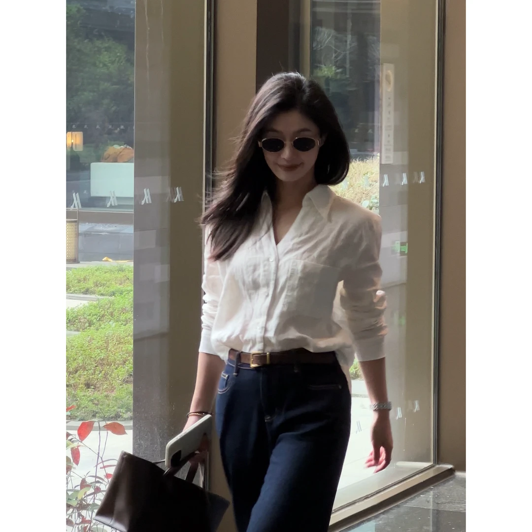 Yihouse2025【法式浪漫】轻奢气质风简约白色衬衫女款亚麻衬衣Y8322