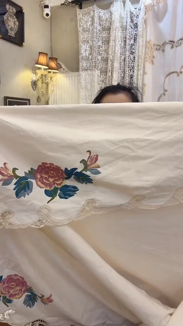 亚麻Z615米色棉麻重工拓印喷花勾勾花边床笠150*200cm