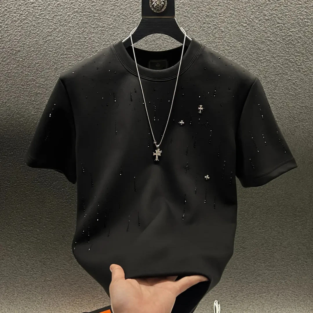 2025春季新款男款上衣轻奢爆款高定流星满钻重工320克重半袖圆领