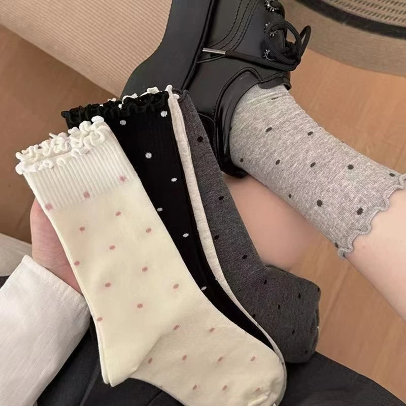 木耳波点女中筒袜舒适百搭月子袜学院风花边长筒堆堆袜