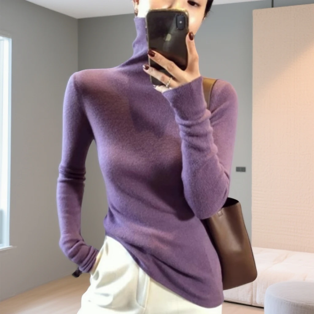 紫色高领打底衫女秋冬装2025新款修身内搭针织毛衣堆堆领长袖上衣