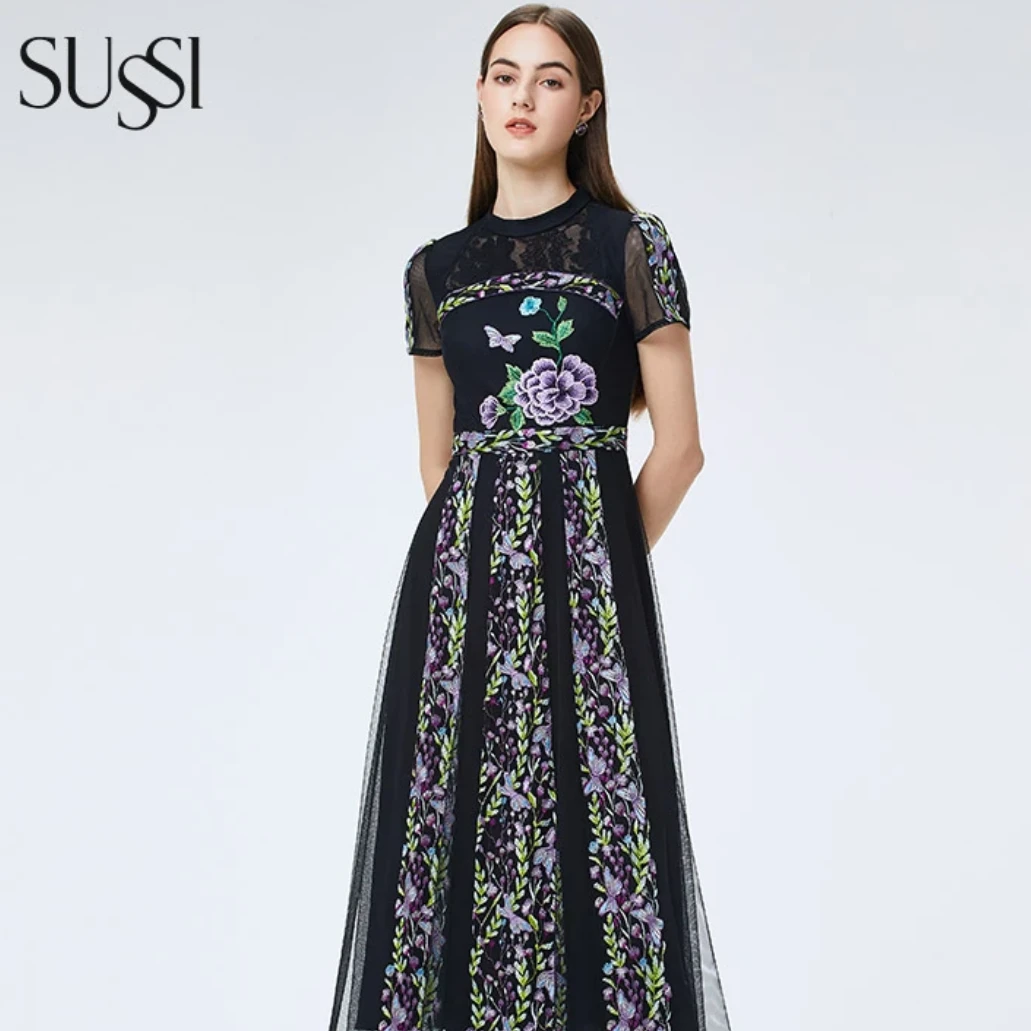 SUSSI/古色夏季新款黑色气质高端重工立领短袖女装收腰显瘦大摆裙