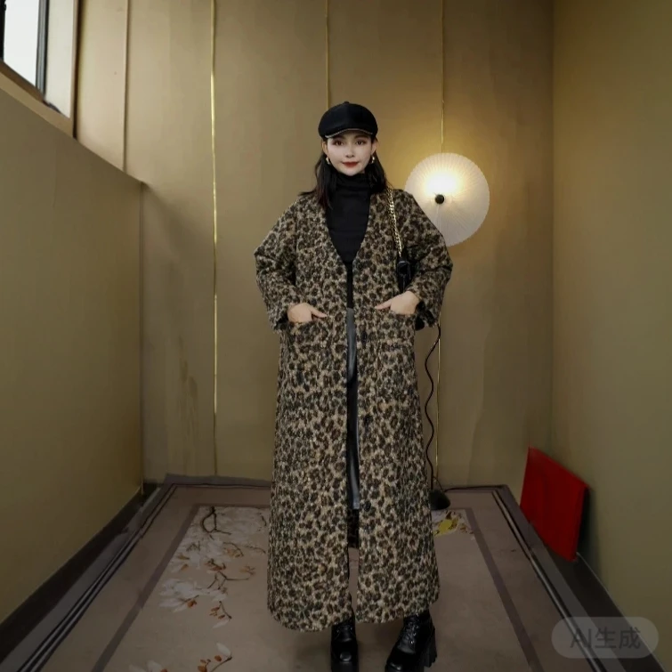 【356】V领卷卷毛豹纹大衣时尚宽松设计师