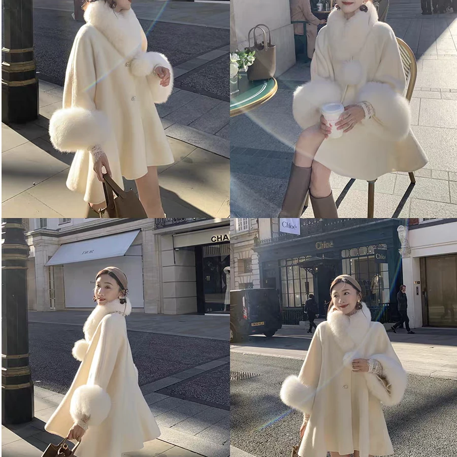 艾日秀2025法式复古高级小个子重工镶钻斗篷毛毛袖口短外套G0472