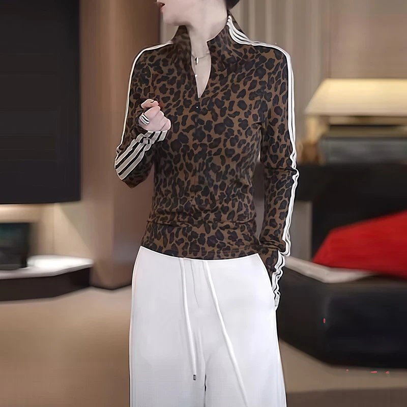 复古长袖t恤打底衫女款爆款2025新款小众炸街高级感女装豹纹上衣