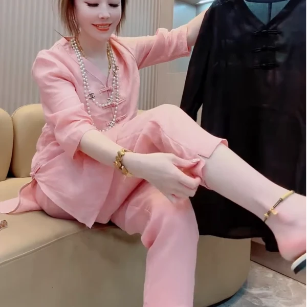 套装上衣新中式纯色气质洋气时尚休闲女装网红国风粉色减龄宽松春