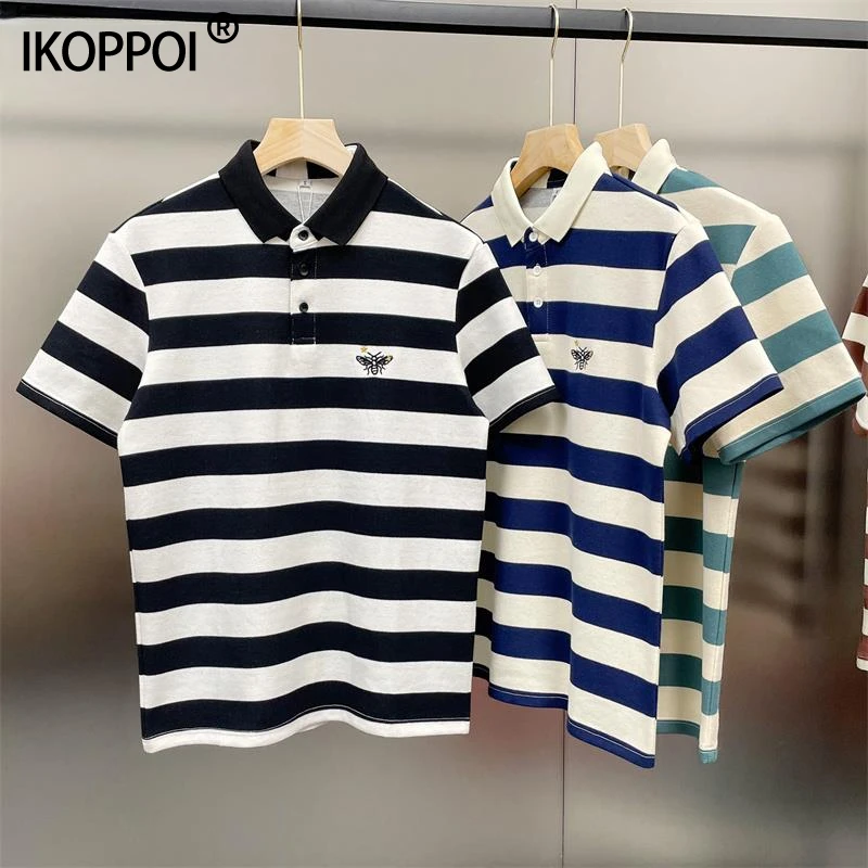 高端条纹polo衫男短袖衬衫潮牌2025年新款美式夏季小蜜蜂刺绣t恤