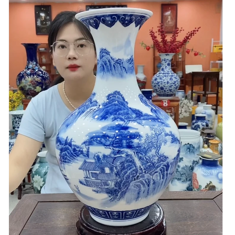 景德镇陶瓷花瓶客厅玄关多宝阁摆件黄国财江南秀色青花赏瓶