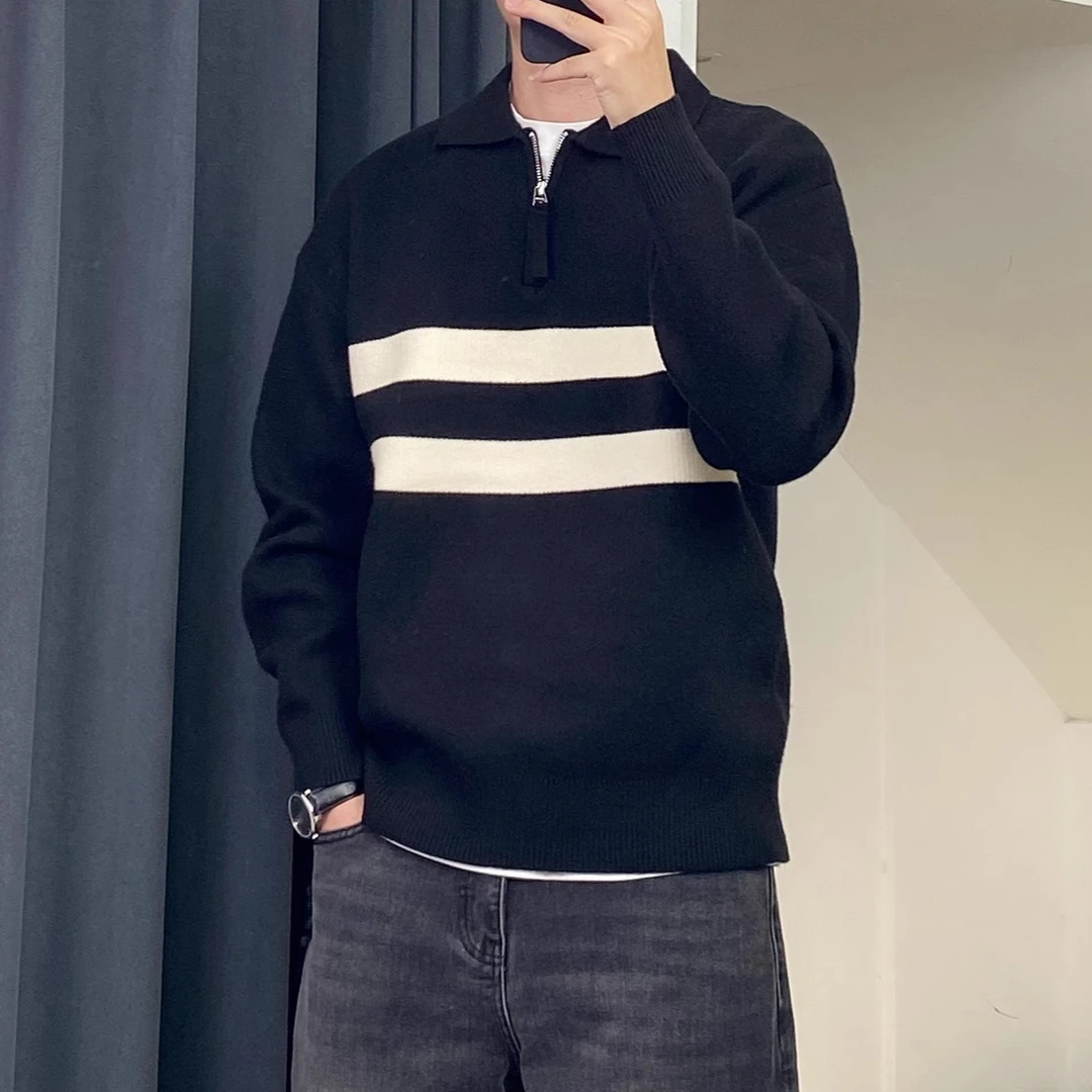 高级感撞色拼接翻领毛衣男2025秋冬半拉链套头针织衫男士内搭上衣