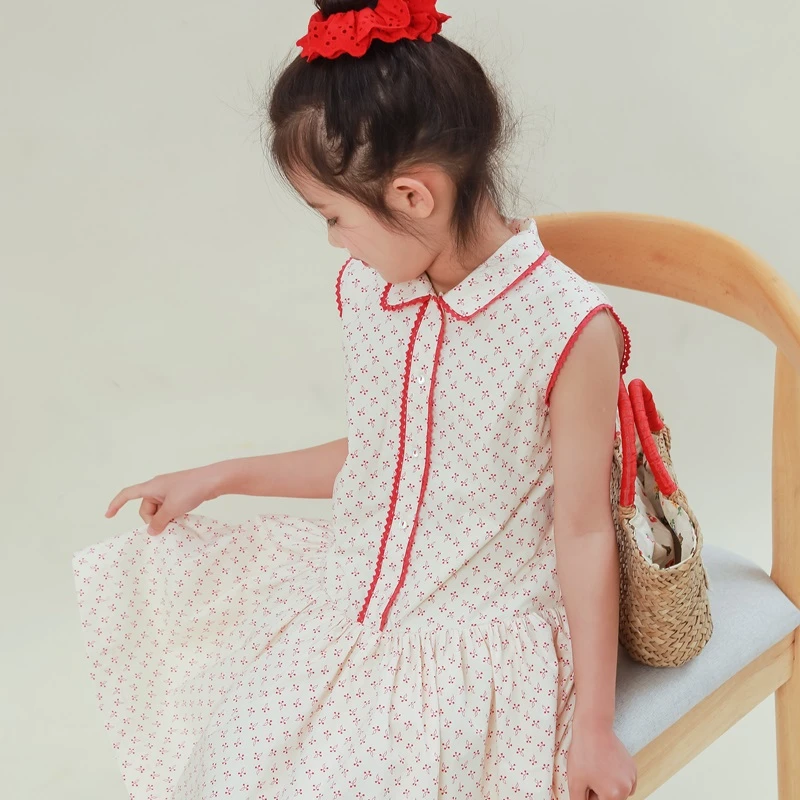 法单春夏新款小樱桃红色印花百搭女童花苞领纯棉无袖连衣裙