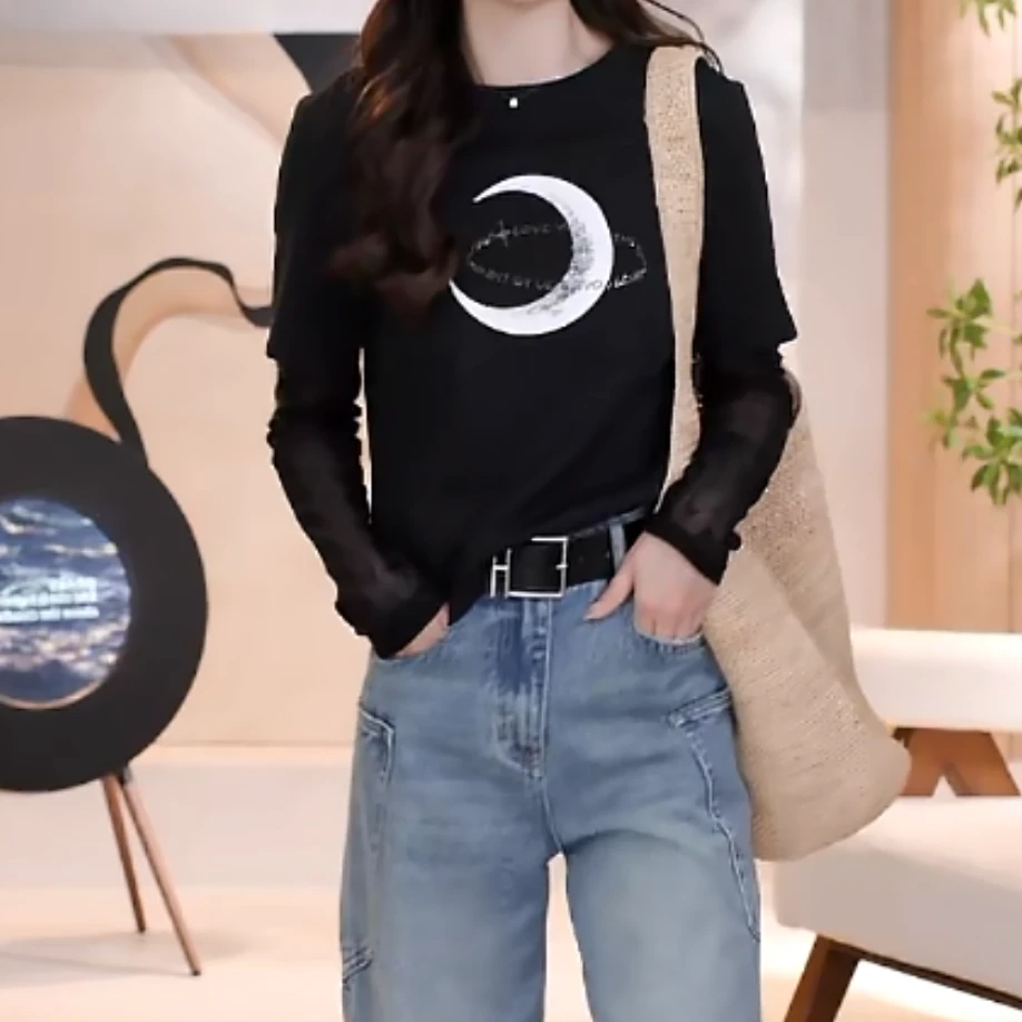 假两件字母T恤女2025春夏新款美式休闲宽松字母月潮流设计感上衣