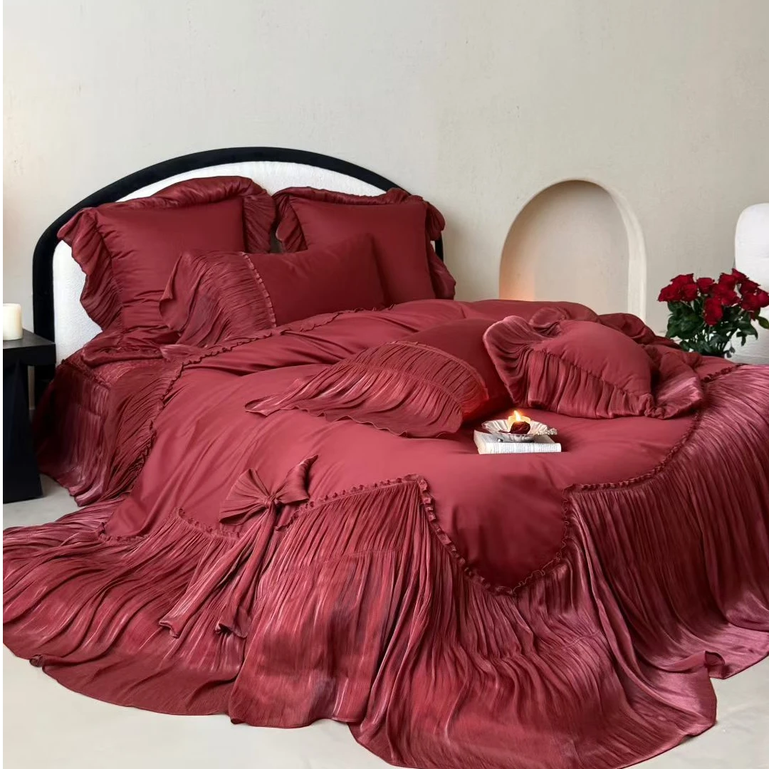 小冲冲【醉仙子】法式全棉贡缎设计师款海岛褶皱纱床盖款四件套