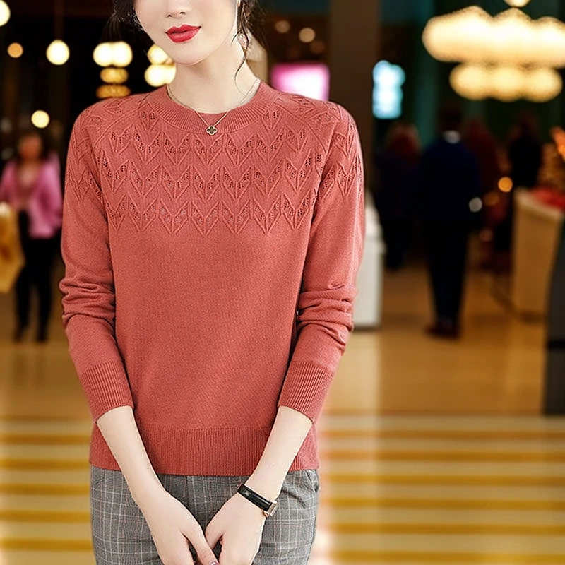 上海品牌羊毛衫女春秋季短款镂空洋气妈妈毛衣宽松针织打底衫上衣