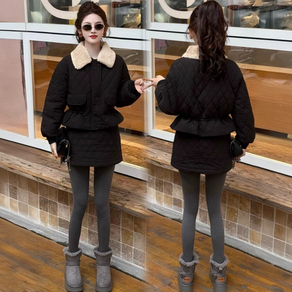 小香风棉服套装女2025冬季新款洋气加厚收腰棉衣外套半身裙两件套