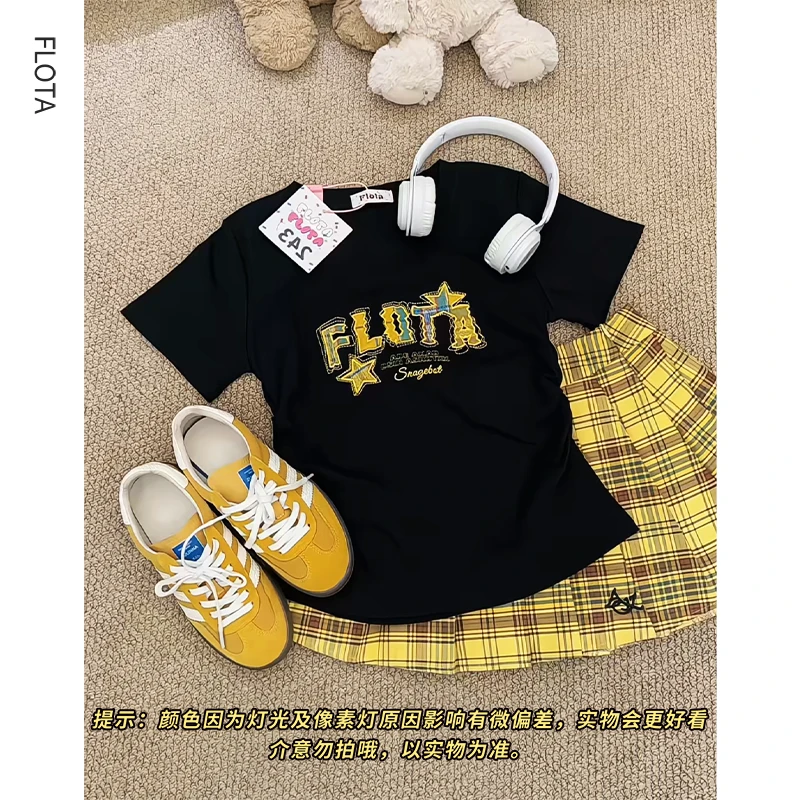 【现货】小众美式潮牌格子设计字母刺绣百搭显瘦收腰短袖T恤上衣女