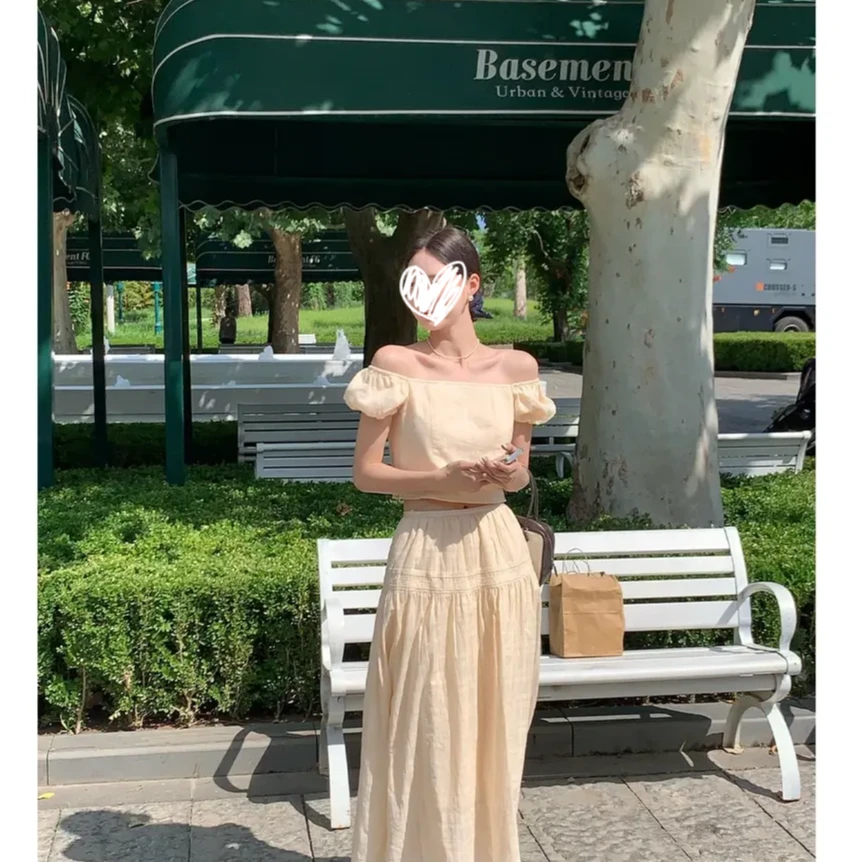 法式名媛设计感洋气甜美温柔感一字肩方领显瘦上衣宽松半裙两件套