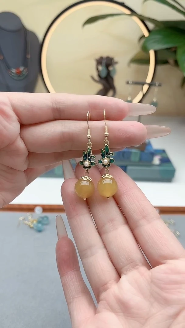 银S925镶嵌耳饰玛瑙/玉髓00黄色新配件