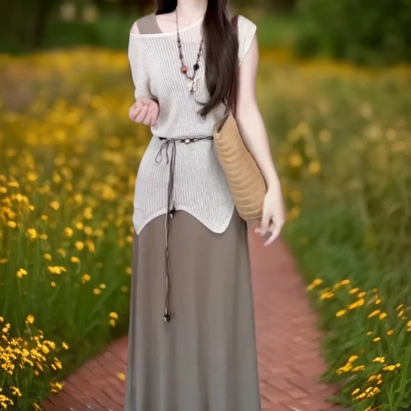 高级感法式气质背心吊带连衣裙子女夏季2025新款收腰绝美长裙套装