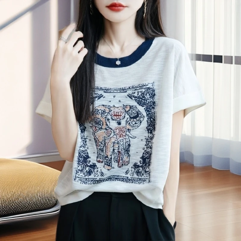 【雅岚女装】时尚洋气显瘦短袖夏季新款印花T恤拼色宽松上衣减龄女