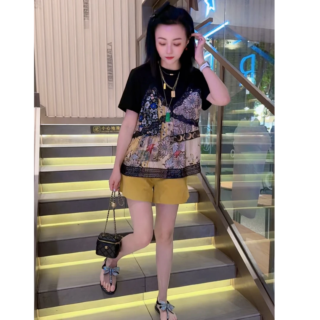 茉茉时尚套装女新款假两件蕾丝撞色短袖t恤短裤两件套56151-56163