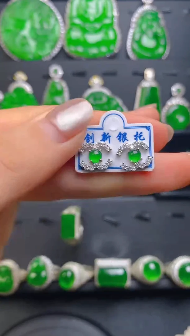 翡翠银S925镶嵌耳钉耳钉