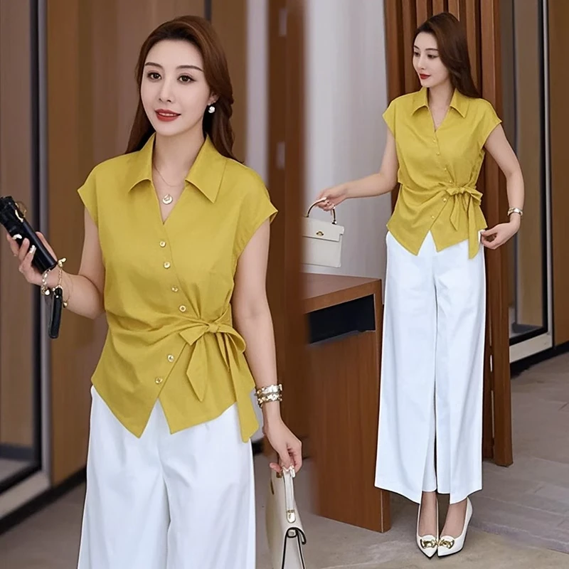 时尚套装女2025夏季新款不规则系带短袖V领衬衫休闲阔腿裤两件套