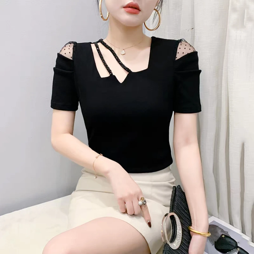 气质烫钻镂空上衣女夏装欧洲站时尚网纱拼接泡泡袖短袖T恤体恤潮