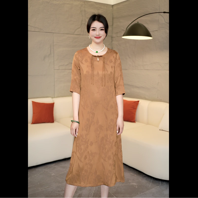 2025春款上新显瘦宽松气质复古印花中长款连衣裙7706