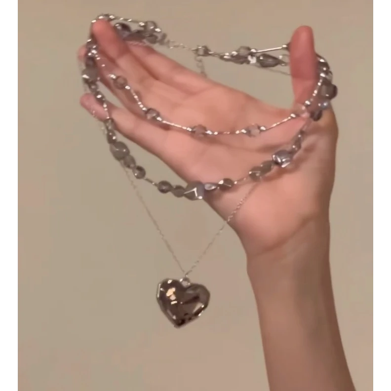 合金锆石项链 黑锆叠戴暗黑爱心水晶项链小众锁骨链颈链轻奢ins