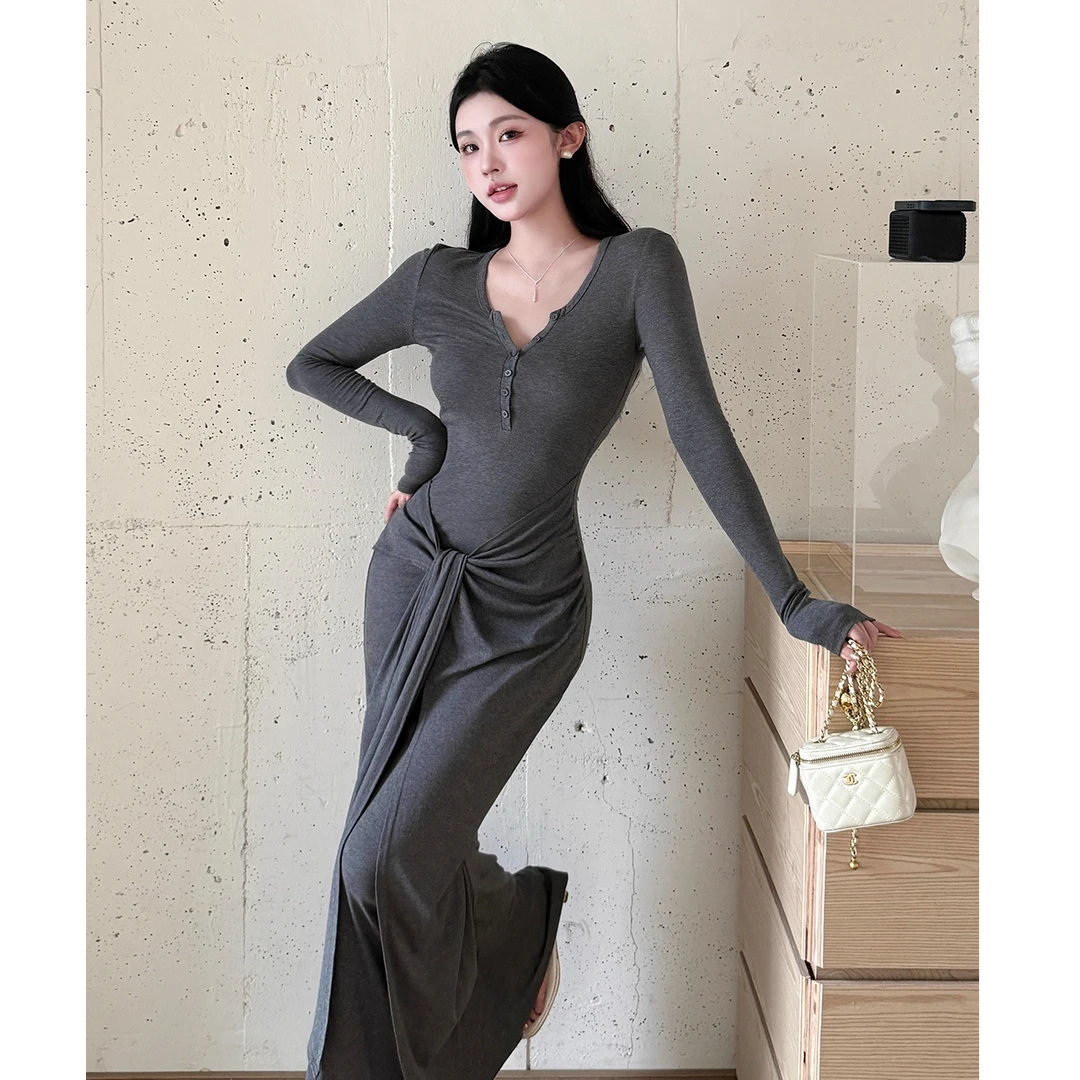【松弛假日】法式灰色长袖连衣裙秋时尚气质修身显瘦绑带纯欲包臀裙