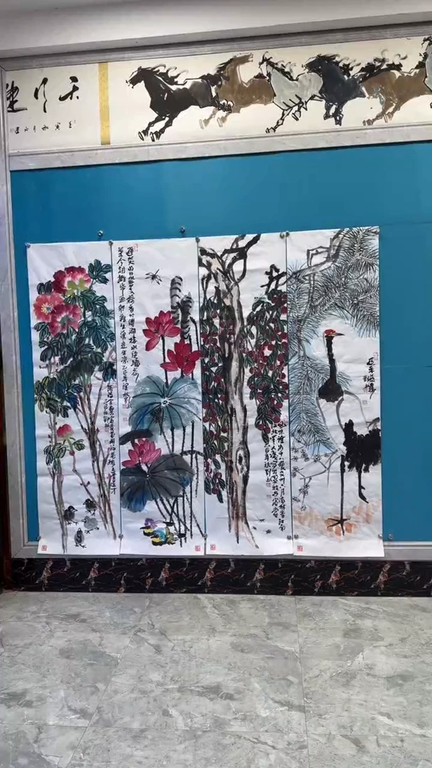国画瀚美启程艺术手绘国画-四条屏花鸟3