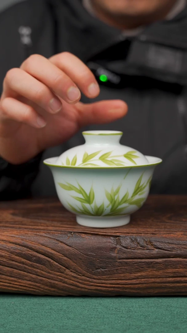 【闪购商品】瓷片寻一缕瓷香杯釉下手工手绘瓷器 竹子盖碗