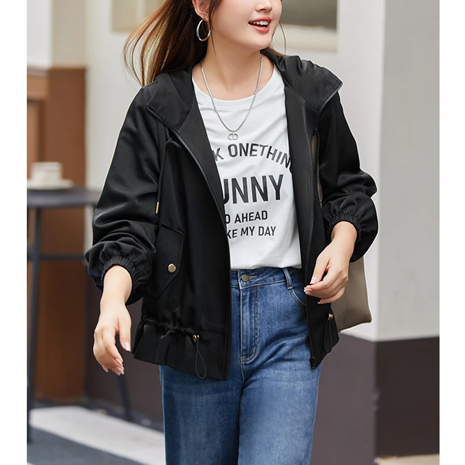 MsShe大码女装春装时尚简约宽松可调节抽绳连帽外套J~M2402079