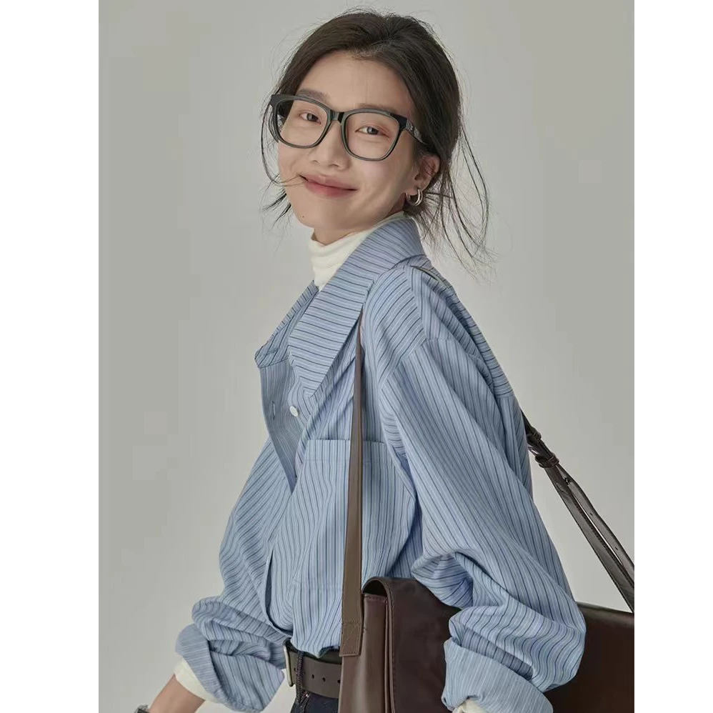 经典气质蓝色条纹衬衫女秋职业通勤叠穿长袖宽松百搭休闲衬衣小众