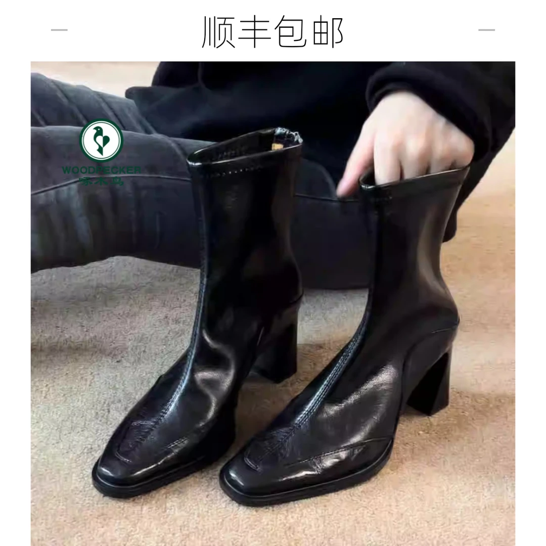 啄木鸟2025新款韩版方头高跟瘦瘦靴短靴女粗跟马丁靴英伦风短筒靴