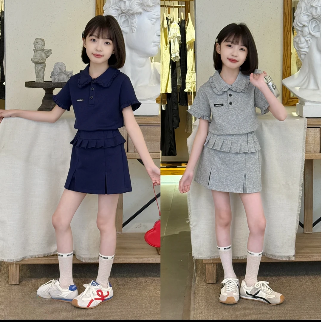 女童夏季潮流套装新款女孩洋气木耳边POLO衫短裙休闲中大童两件套