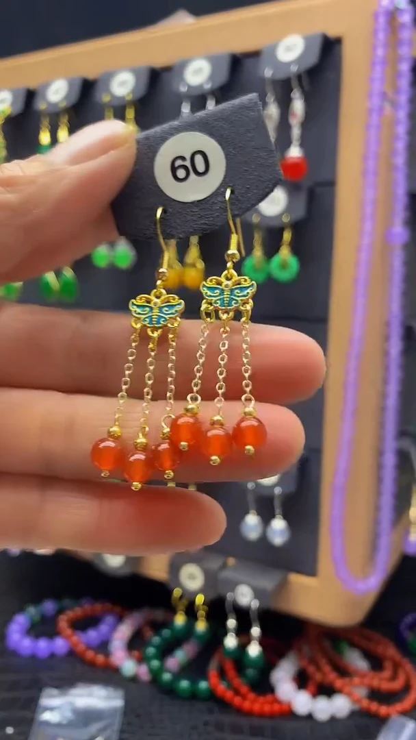 【闪购商品】玛瑙/玉髓耳环银S925镀金镶嵌耳坠060