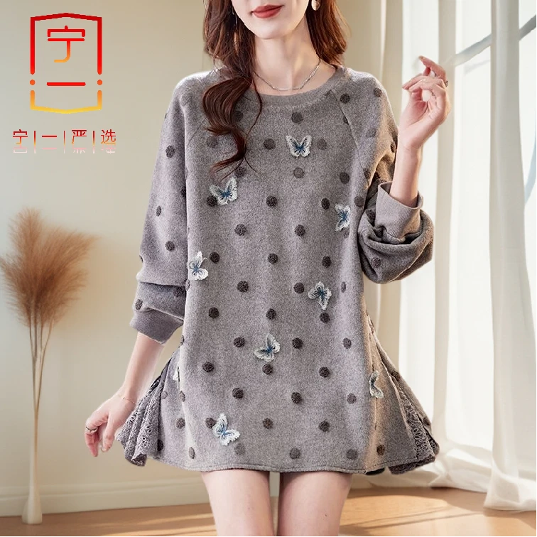 【宁一女装】时尚圆领刺绣波点长袖卫衣春洋气蕾丝拼接休闲百搭上衣