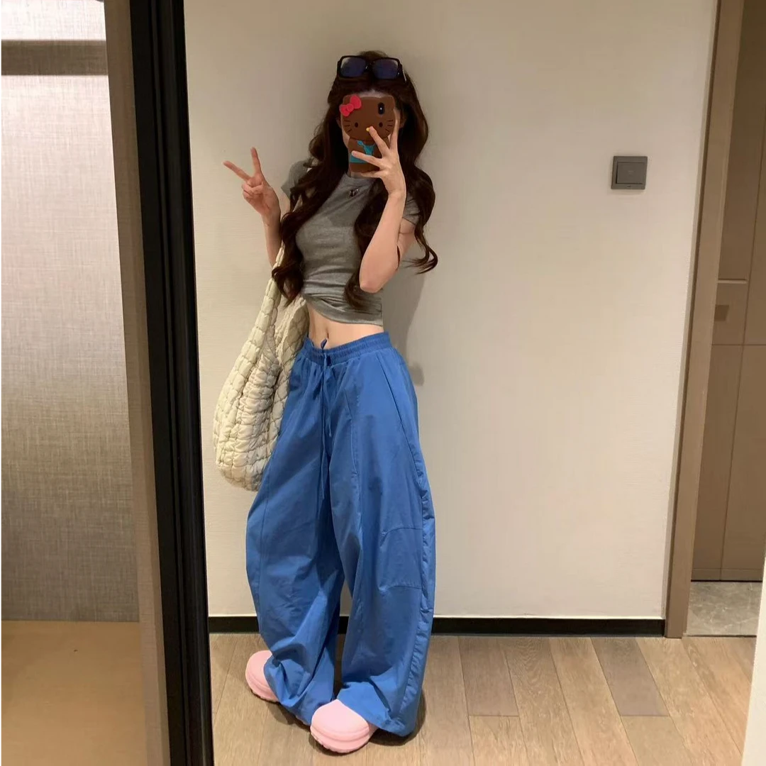 夏季修身灰色上衣薄款蓝色休闲阔腿美式运动裤透气轻薄欧美休闲裤