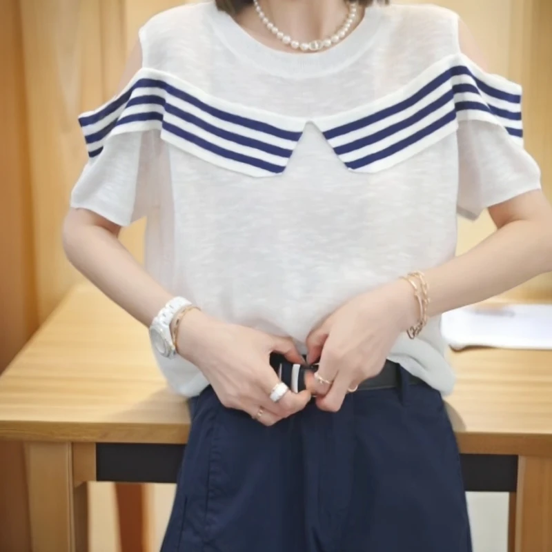 【条纹点缀】2025夏季新款时尚设计师针织衫条纹露肩短袖上衣