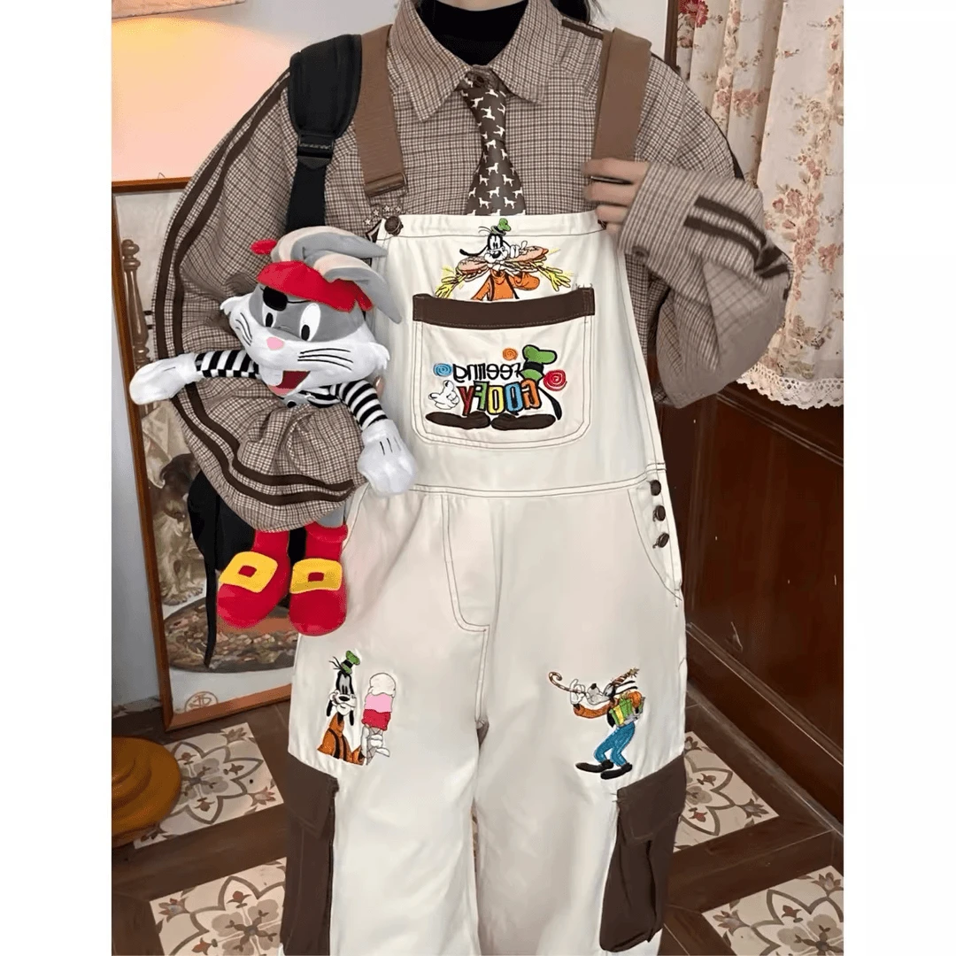 大码胖mm美式复古卡通刺绣水洗夏季新款牛仔背带裤女宽松连体裤子