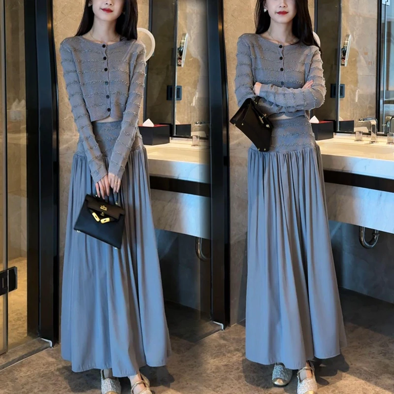 小香风气质时尚套装女2025春秋新款流苏长袖针织衫半身裙两件套