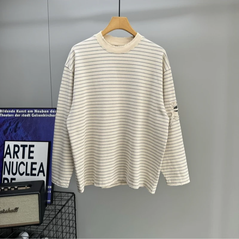 梦泡官方美式复古撞色条纹长袖T恤男宽松重男士中年纯冬季短袖