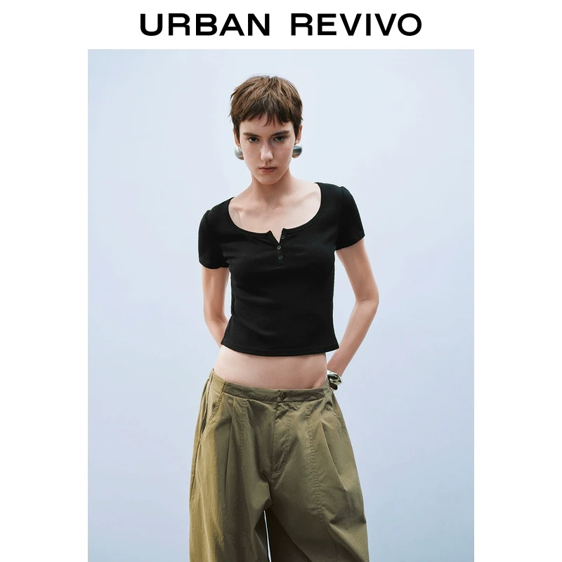 UR2025春季新款女装欧若风时尚修身纽扣式U型领短袖T恤UWB450007