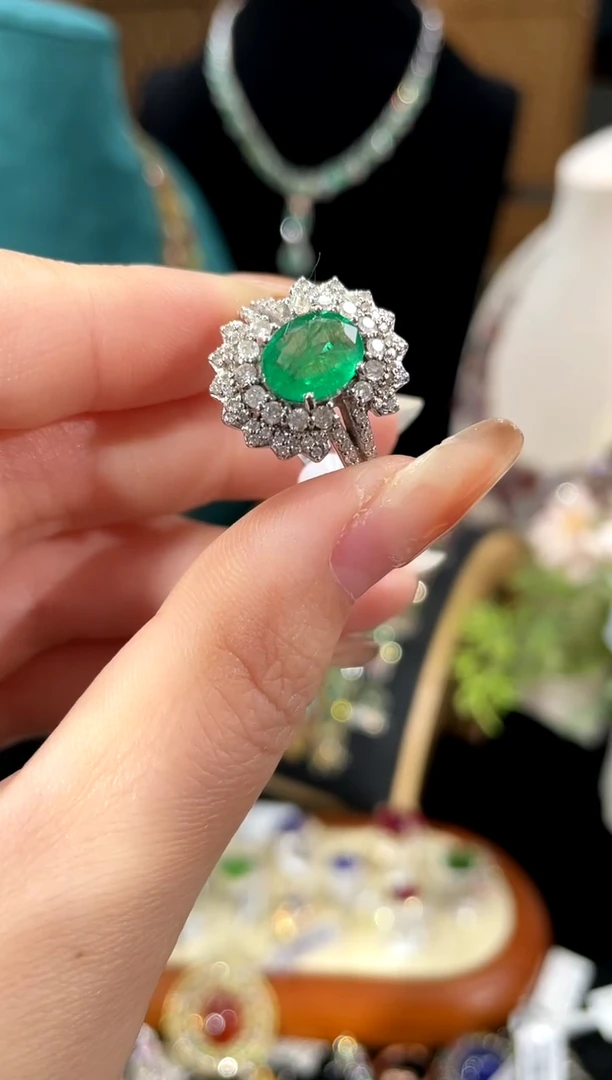 祖母绿戒指银S925镶嵌戒指