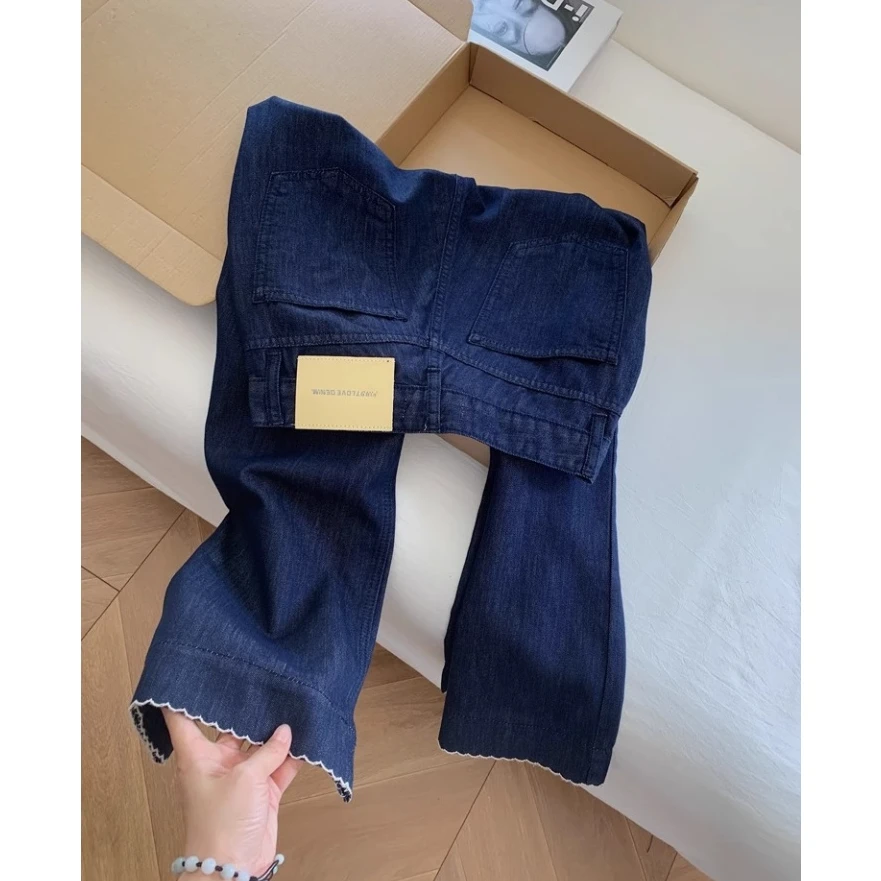 夏季薄款莱赛尔天丝九分刺绣牛仔裤女梨型身材显瘦高腰阔腿直筒裤