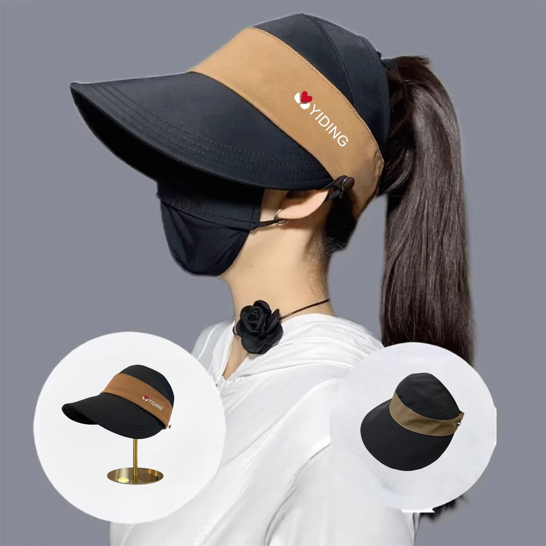半空顶帽子2025新款拼色可挂口罩鸭舌帽女夏季宽檐显脸小防紫外线