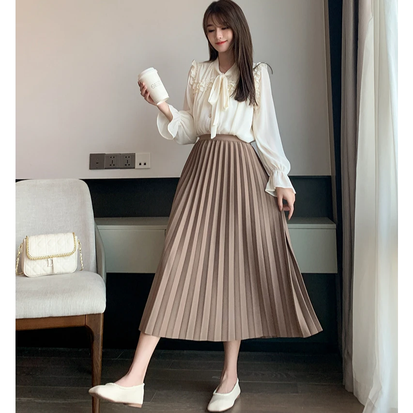百褶大摆a字伞裙长裙春夏松紧高腰高温压褶复古显瘦中长款半身裙