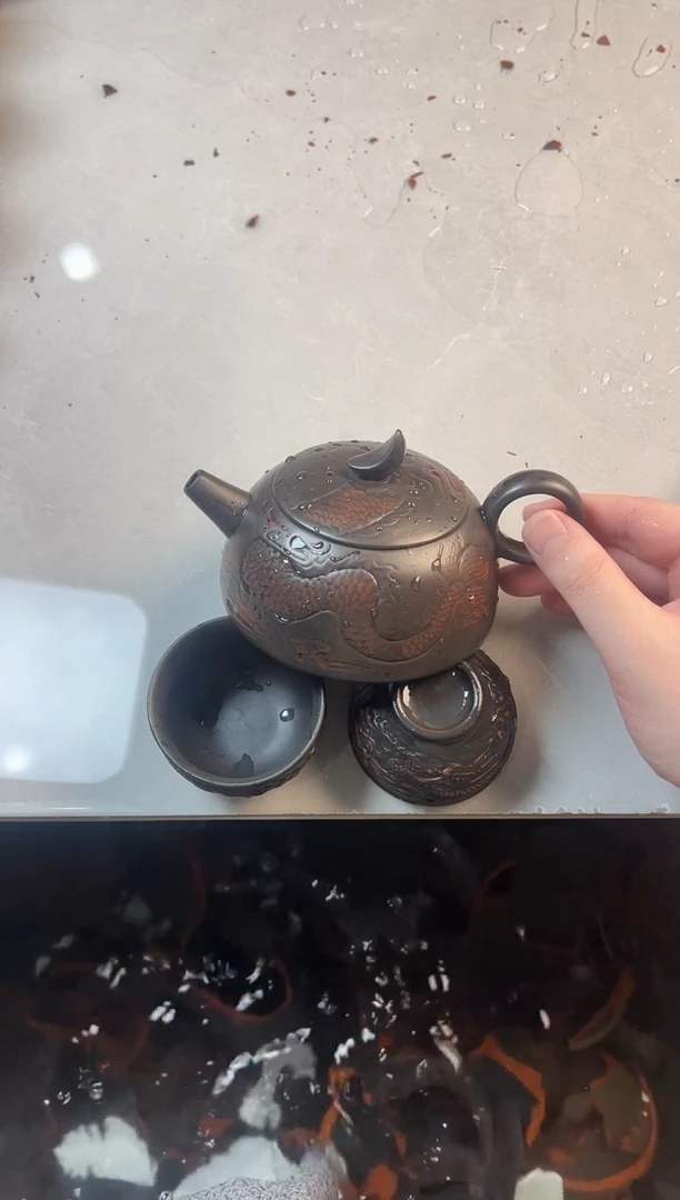 紫陶满雕祥龙壶+2杯